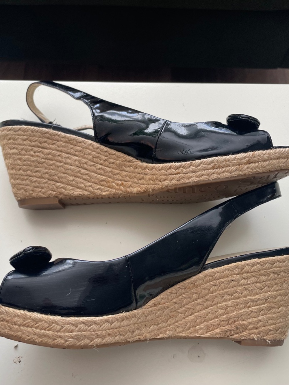 Franco Sarto Black Patent leather peep toe espadrille wedge sandals